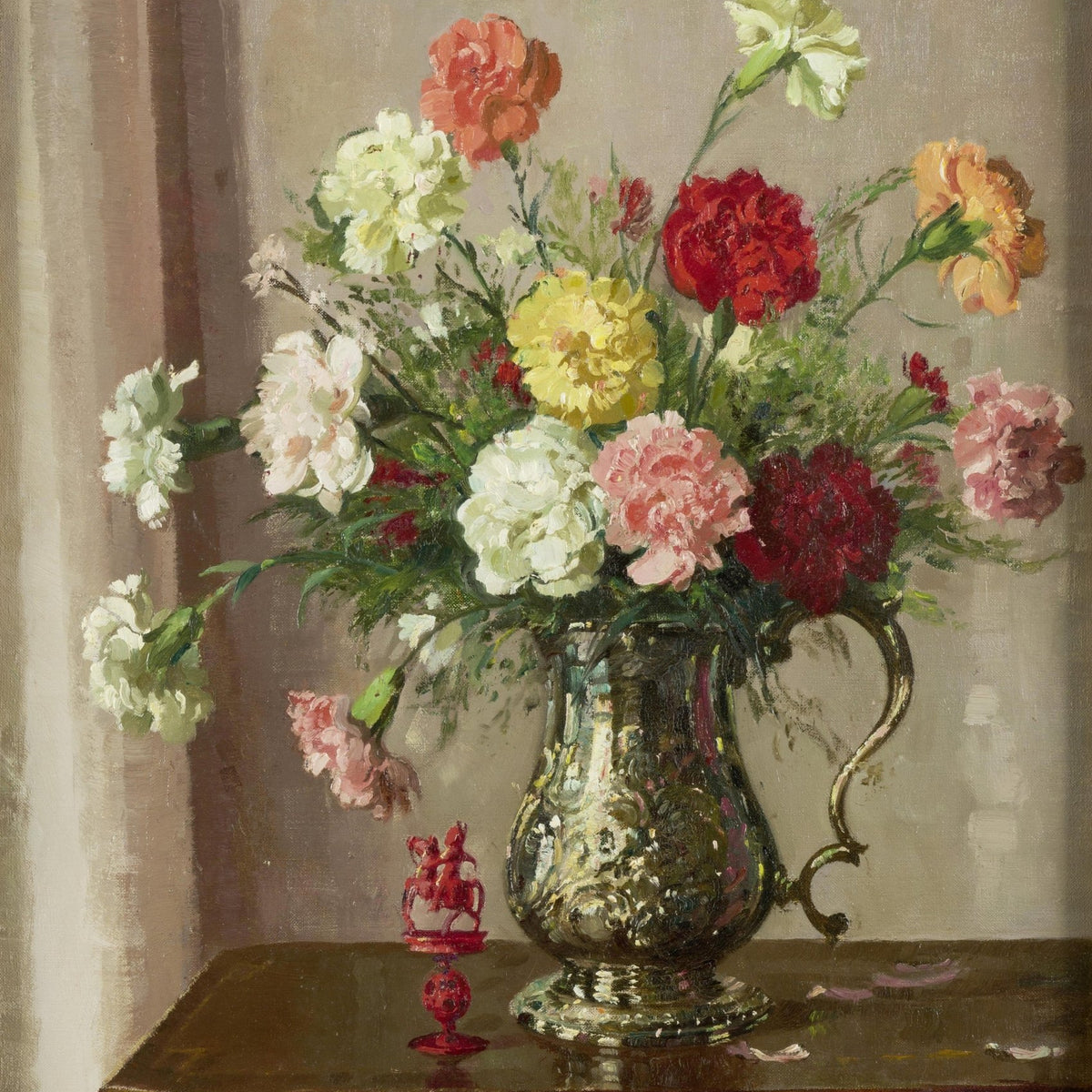 Hand - Painted Carnation Bouquet in Silver Vase – Floral Oil Painting - Oil Painting Haven