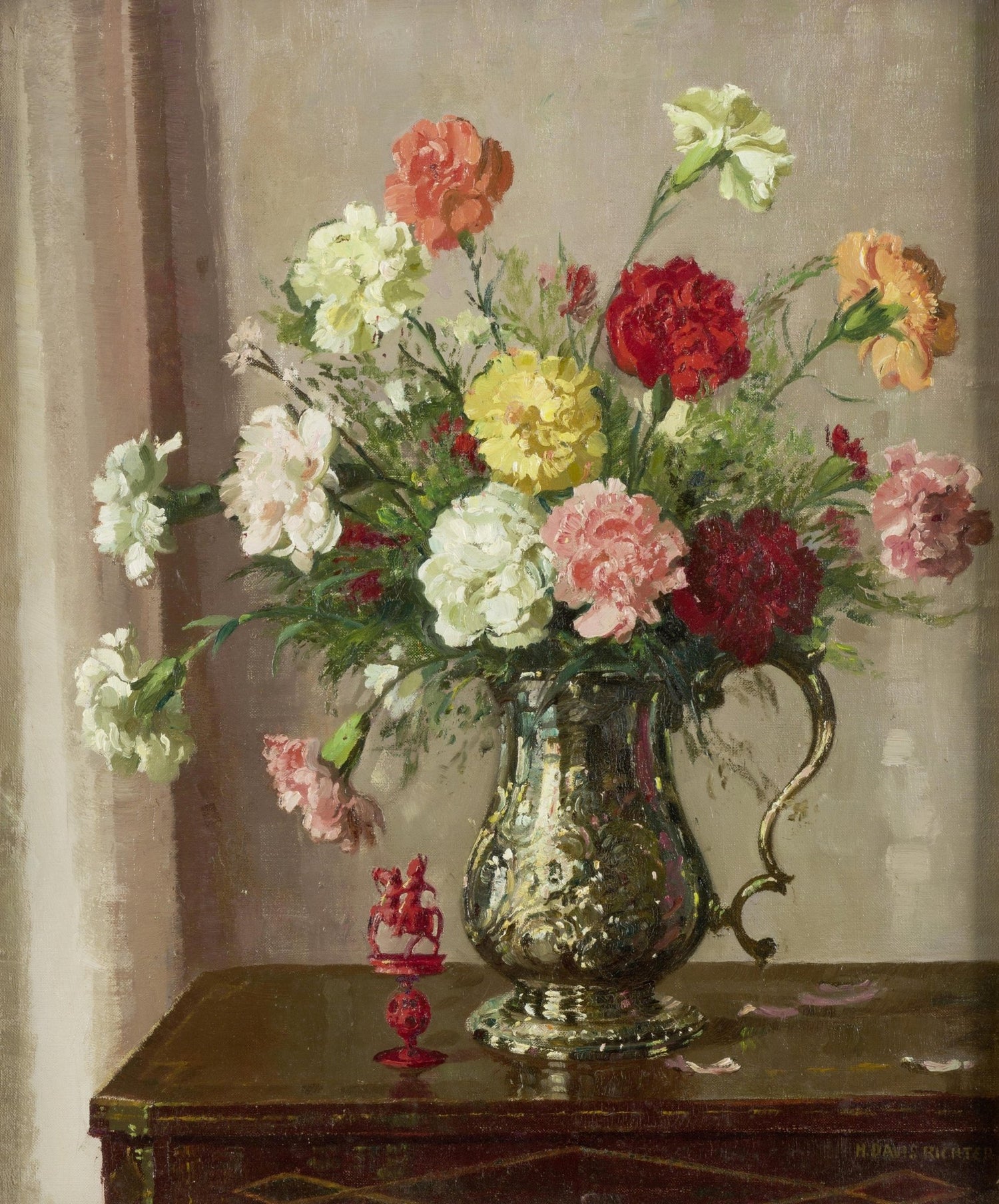 Hand - Painted Carnation Bouquet in Silver Vase – Floral Oil Painting - Oil Painting Haven