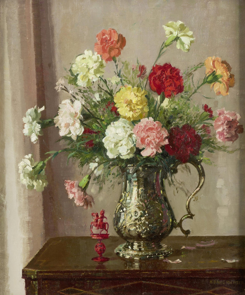 Hand - Painted Carnation Bouquet in Silver Vase – Floral Oil Painting - Oil Painting Haven