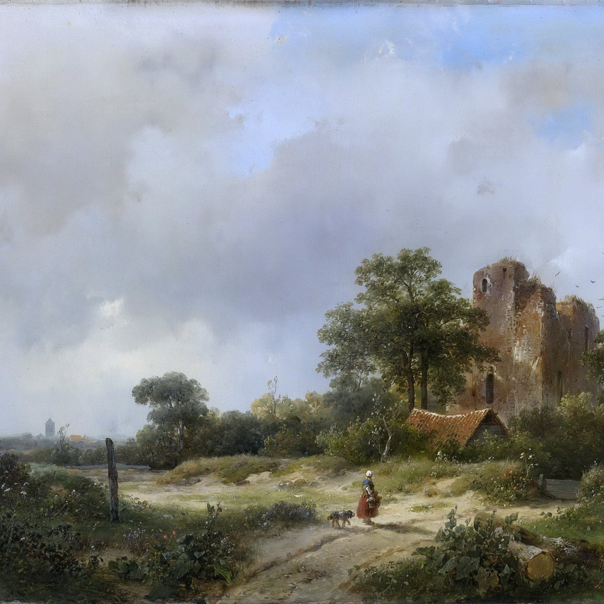 Hand painted landscape oil painting of rustic castle ruin by country path with textured brushwork on canvas. - Add Frame, Architecture, Canvas, Castle, Country, Hand Painted, Landscape, Made To Order, Oil Painting, Road