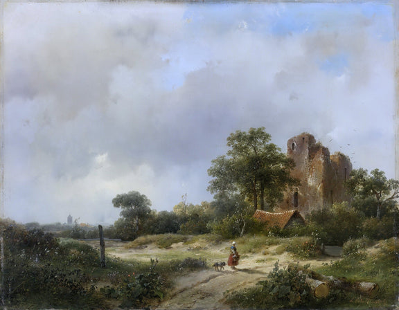 Hand painted landscape oil painting of rustic castle ruin by country path with textured brushwork on canvas. - Add Frame, Architecture, Canvas, Castle, Country, Hand Painted, Landscape, Made To Order, Oil Painting, Road