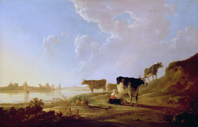 Hand - Painted Cattle by the River - animals Oil Painting - Oil Painting Haven