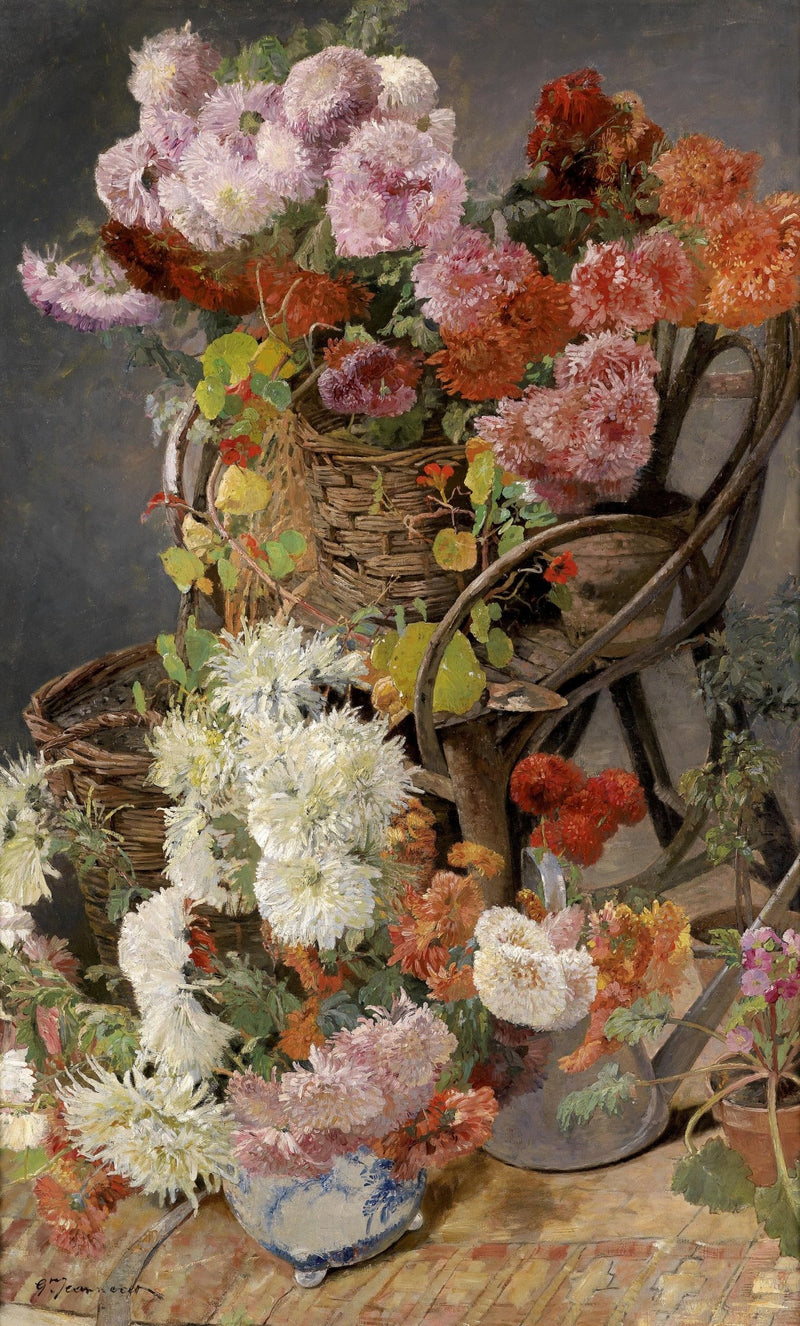 Hand - Painted Chrysanthemum Basket Still Life – Floral Oil Painting - Oil Painting Haven