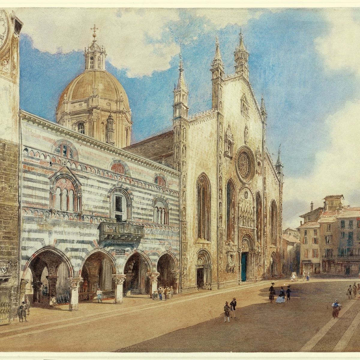 Landscape oil painting of Como Cathedral Square with detailed architecture, textured brushwork on canvas. - Add Frame, Architecture, Canvas, Church, Hand Painted, Landscape, Made To Order, Oil Painting