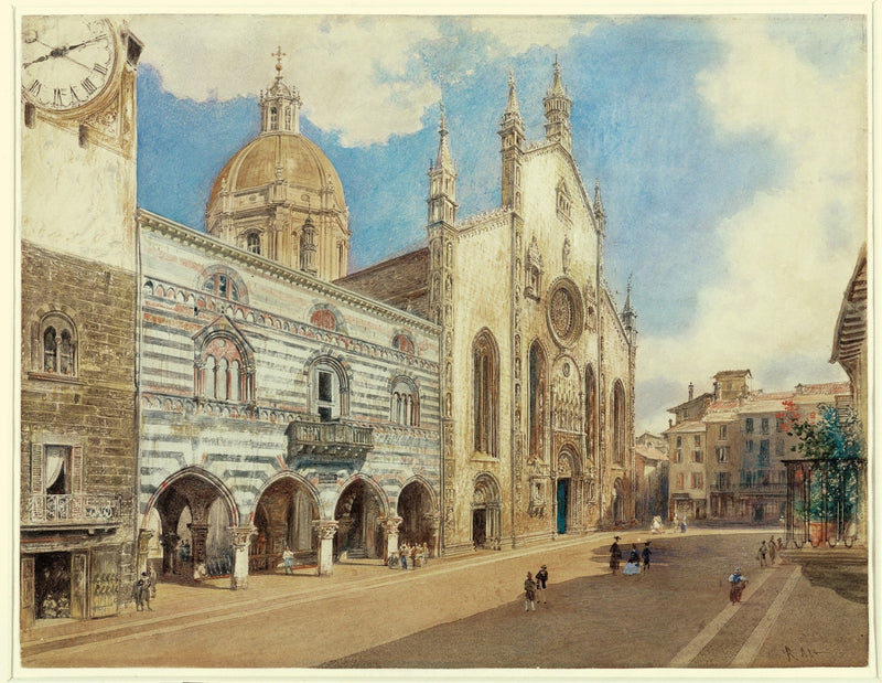 Landscape oil painting of Como Cathedral Square with detailed architecture, textured brushwork on canvas. - Add Frame, Architecture, Canvas, Church, Hand Painted, Landscape, Made To Order, Oil Painting