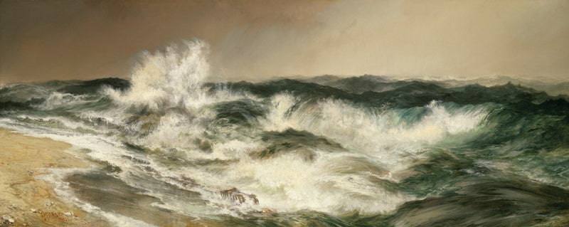 Hand-painted landscape oil painting of crashing ocean waves over textured brushwork on canvas with a moody sky background. - Add Frame, Canvas, Coastal, Hand Painted, Landscape, Made To Order, Oil Painting, Seascape