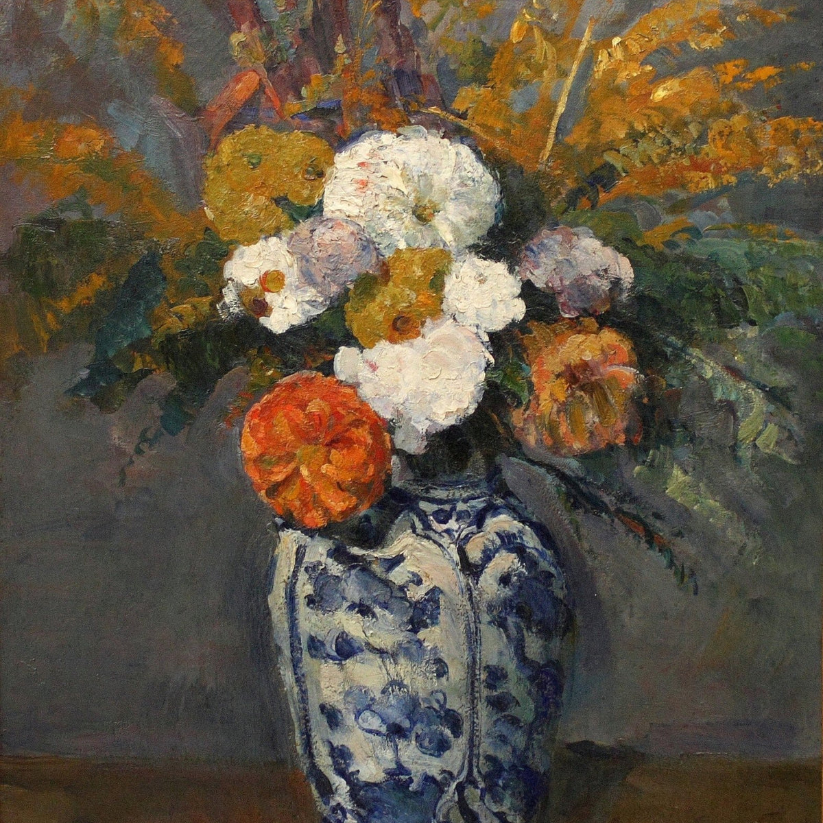 Hand - Painted Dahlias in Blue Delft Vase Still Life – Floral Oil Painting - Oil Painting Haven