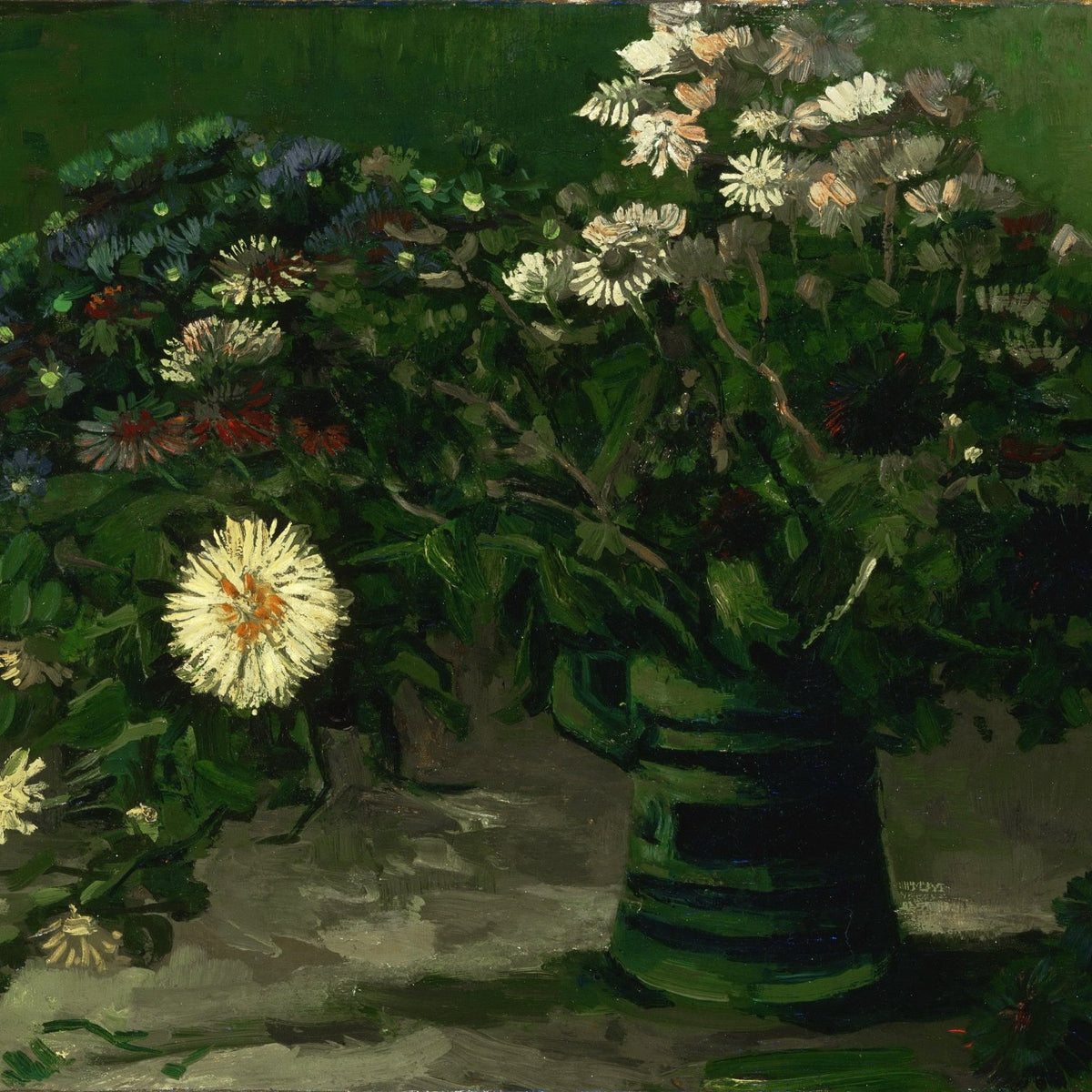 Hand - Painted Daisy Bouquet in Green Vase - Floral Oil Painting - Oil Painting Haven