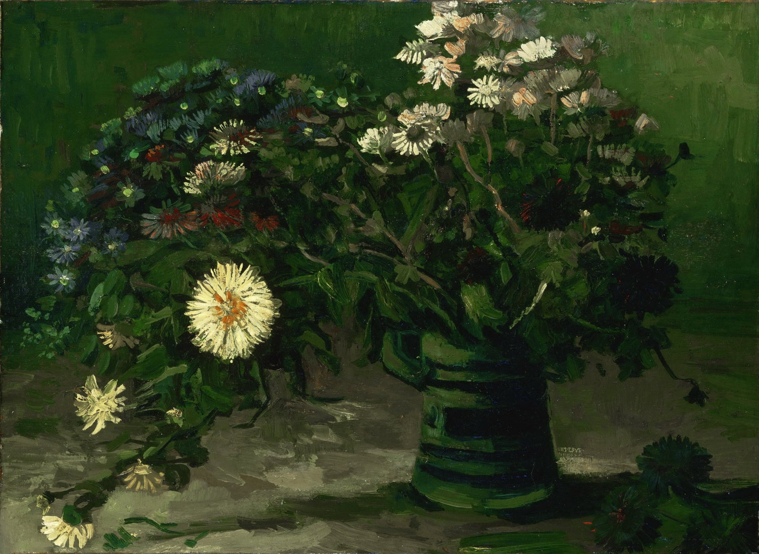 Hand - Painted Daisy Bouquet in Green Vase - Floral Oil Painting - Oil Painting Haven
