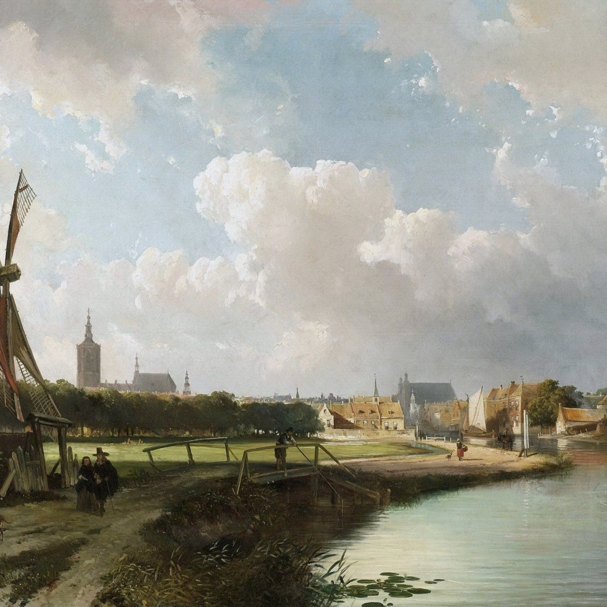 Hand-painted hand-painted dutch canal windmill view landscape oil painting on canvas