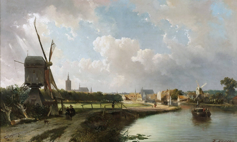 Hand-painted hand-painted dutch canal windmill view landscape oil painting on canvas