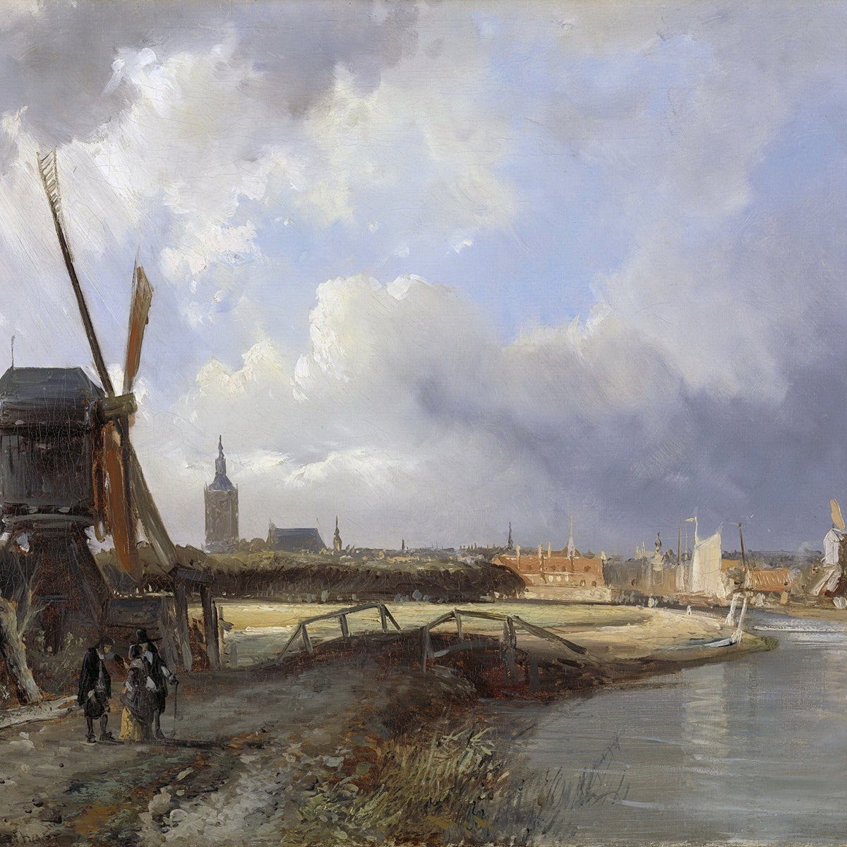 Hand-painted hand-painted dutch windmill canal view landscape oil painting on canvas