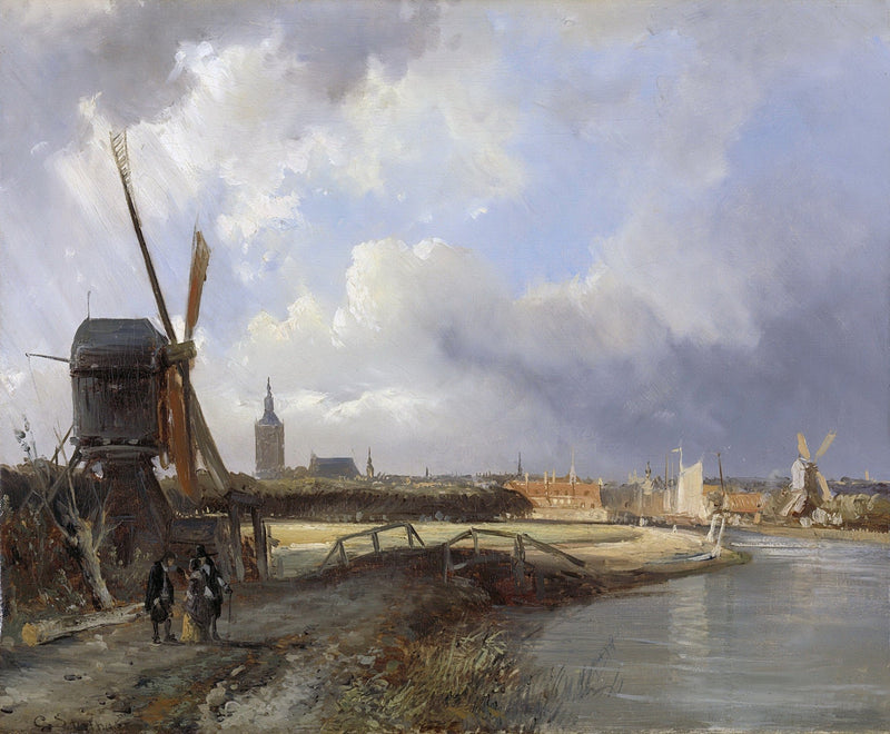 Hand-painted hand-painted dutch windmill canal view landscape oil painting on canvas