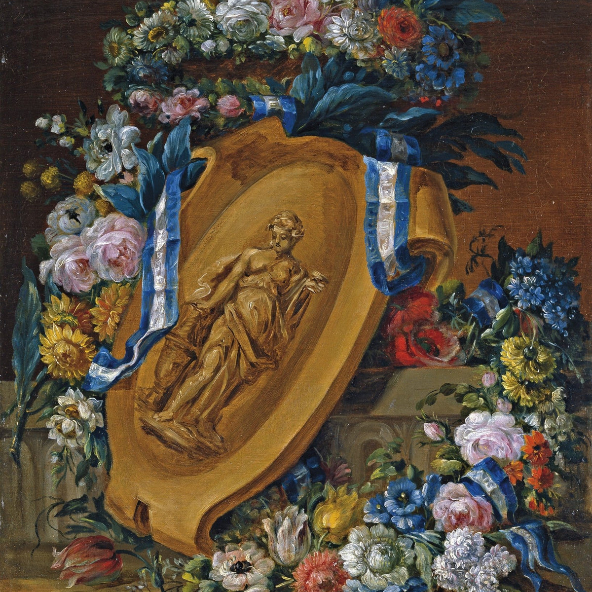 Hand - Painted Floral Still Life with Classical Relief – Floral Oil Painting - Oil Painting Haven