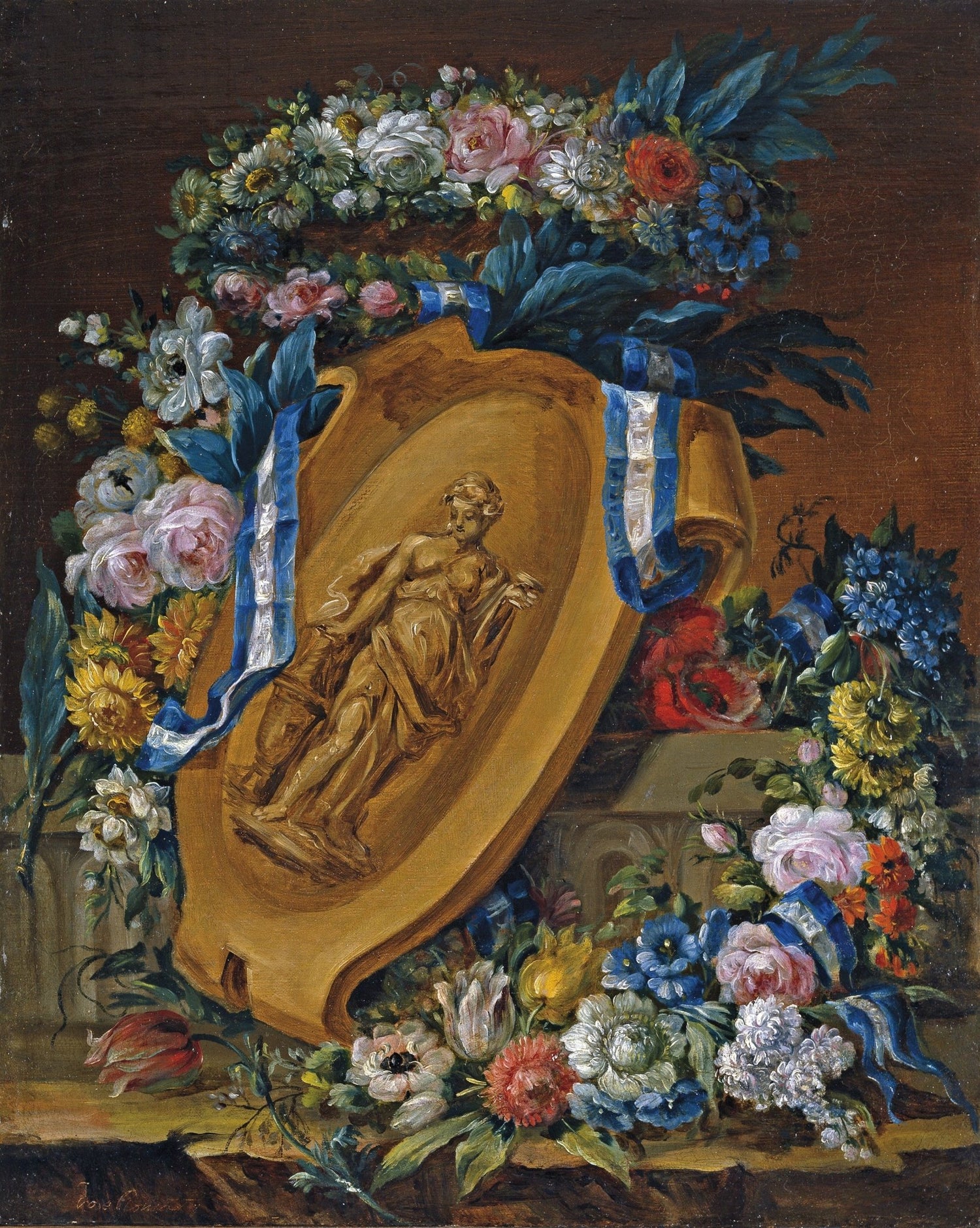 Hand - Painted Floral Still Life with Classical Relief – Floral Oil Painting - Oil Painting Haven