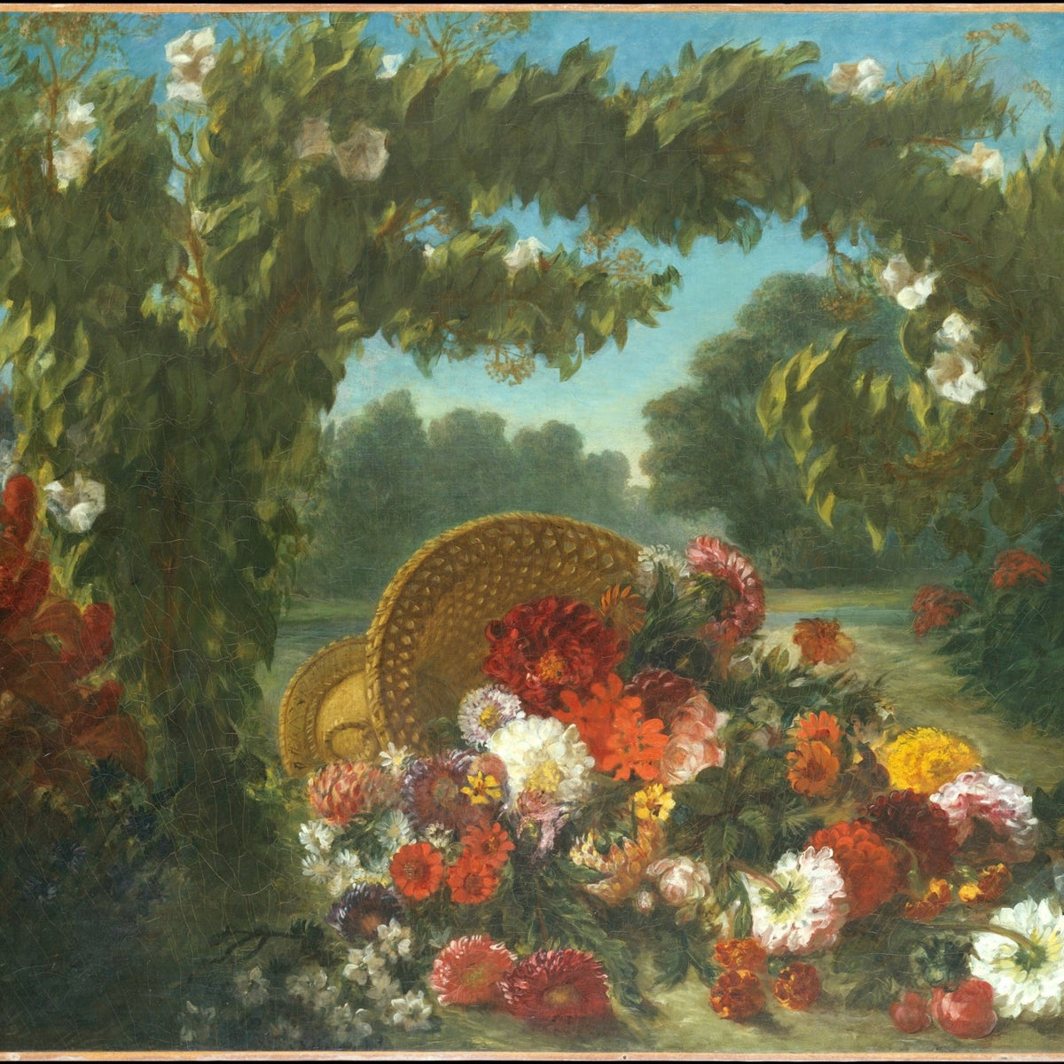 Hand - Painted Garden Flower Basket Scene – Floral Oil Painting - Oil Painting Haven