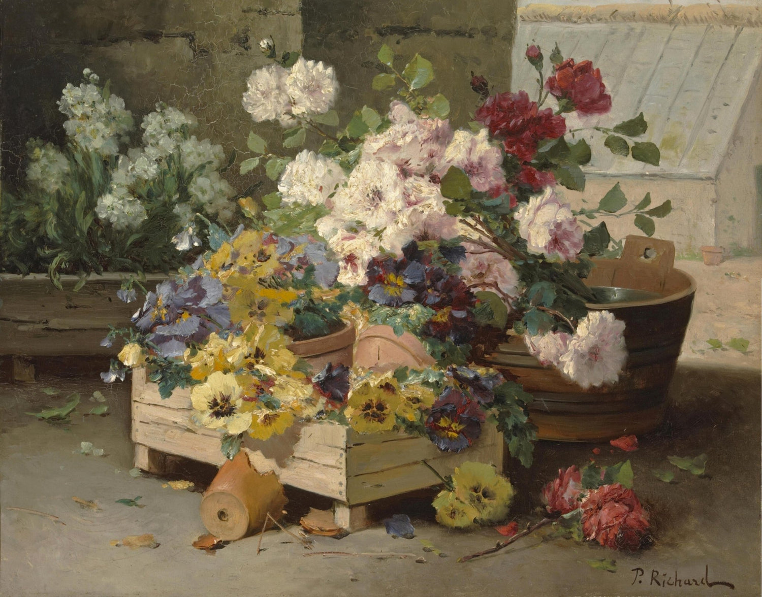 Hand - Painted Garden Flowers in Rustic Wooden Crate – Floral Oil Painting - Oil Painting Haven
