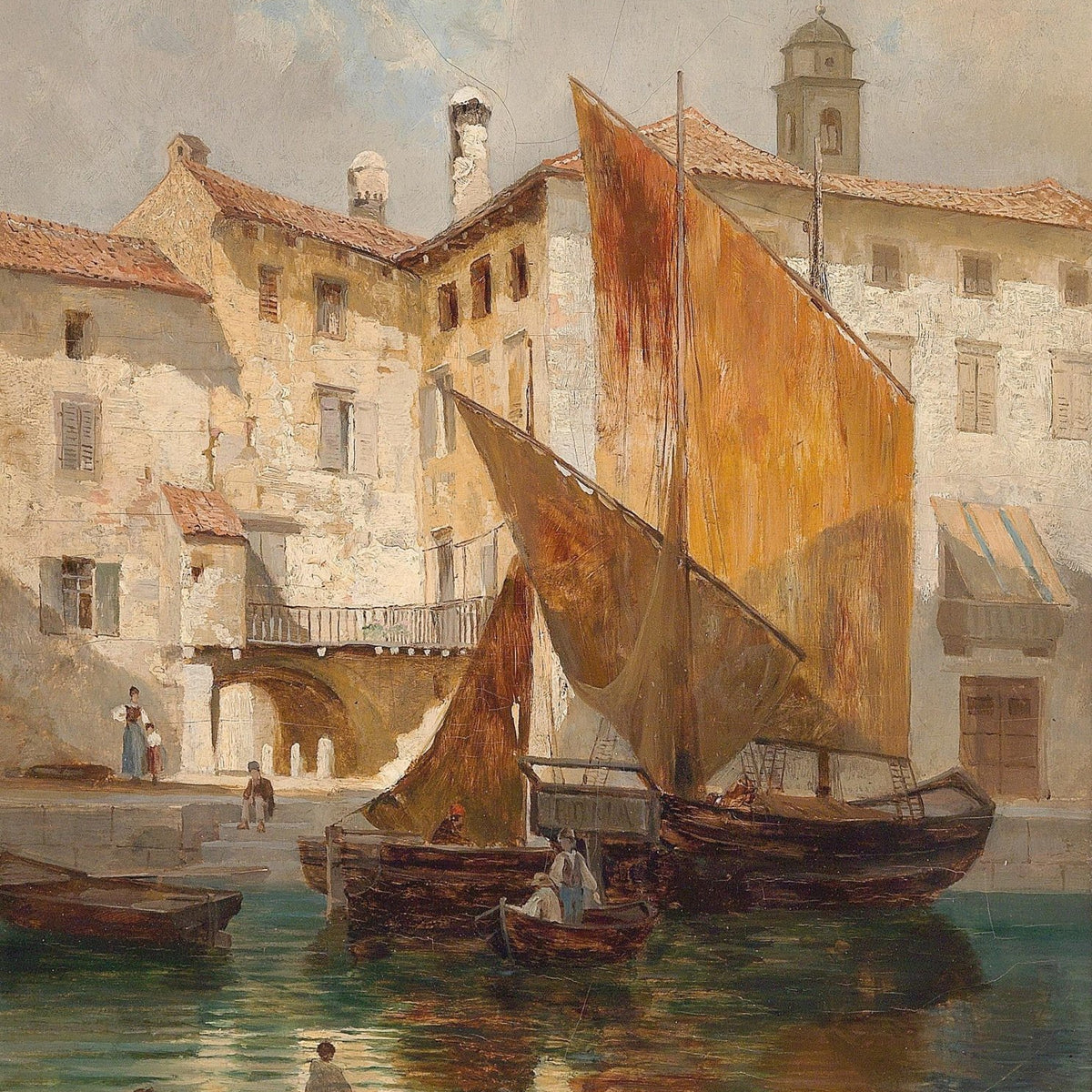 Hand-painted hand-painted harbor sailboat reflections landscape oil painting on canvas