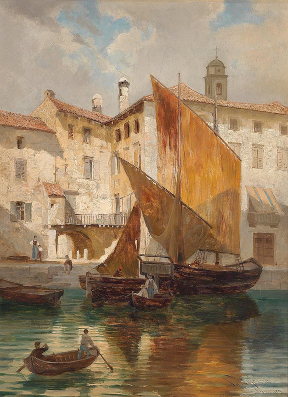 Hand-painted hand-painted harbor sailboat reflections landscape oil painting on canvas