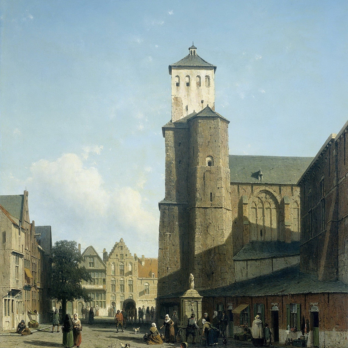 Hand-painted hand-painted historic church square landscape oil painting on canvas