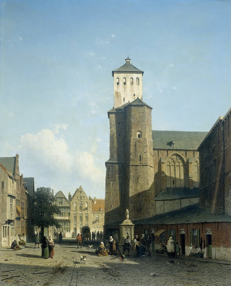 Hand-painted hand-painted historic church square landscape oil painting on canvas