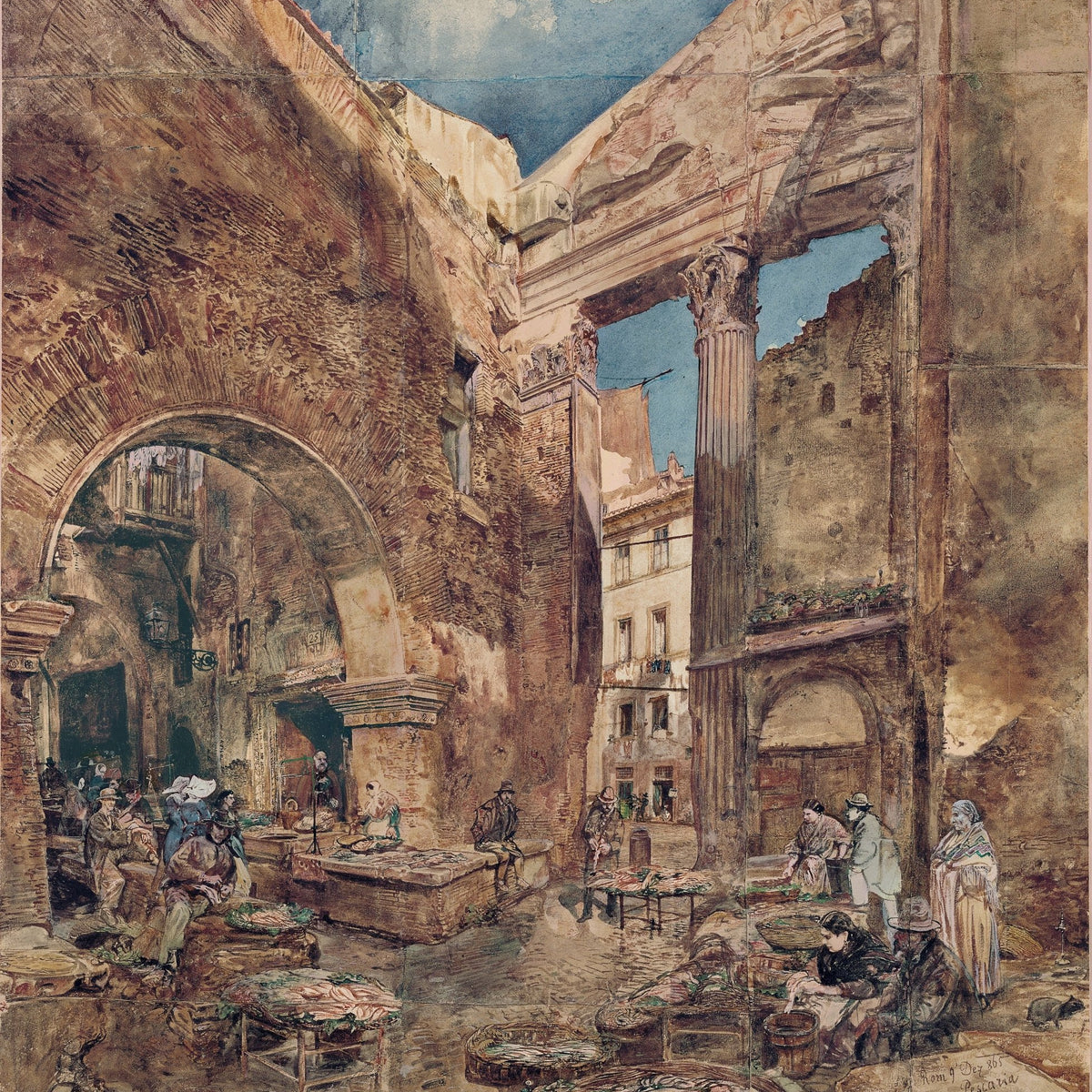 Hand painted oil on canvas landscape oil painting of historic Rome fish market with textured brushwork, ancient stone. - Add Frame, Canvas, Hand Painted, Landscape, Made To Order, Oil Painting