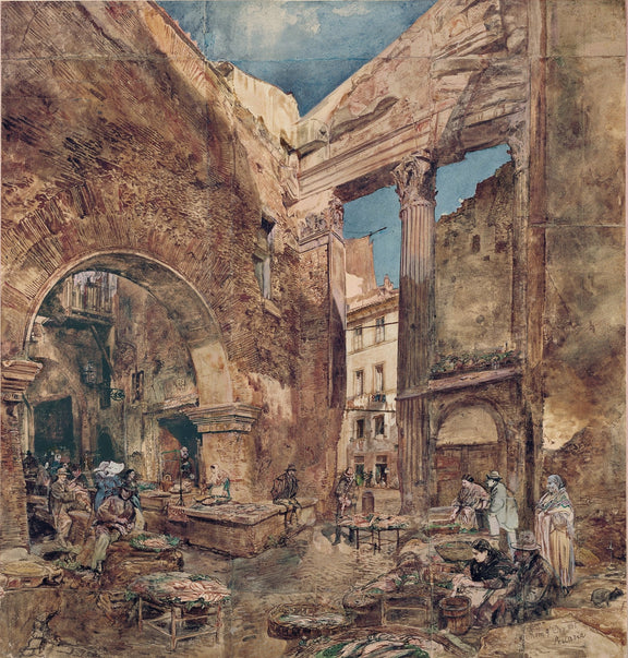 Hand painted oil on canvas landscape oil painting of historic Rome fish market with textured brushwork, ancient stone. - Add Frame, Canvas, Hand Painted, Landscape, Made To Order, Oil Painting