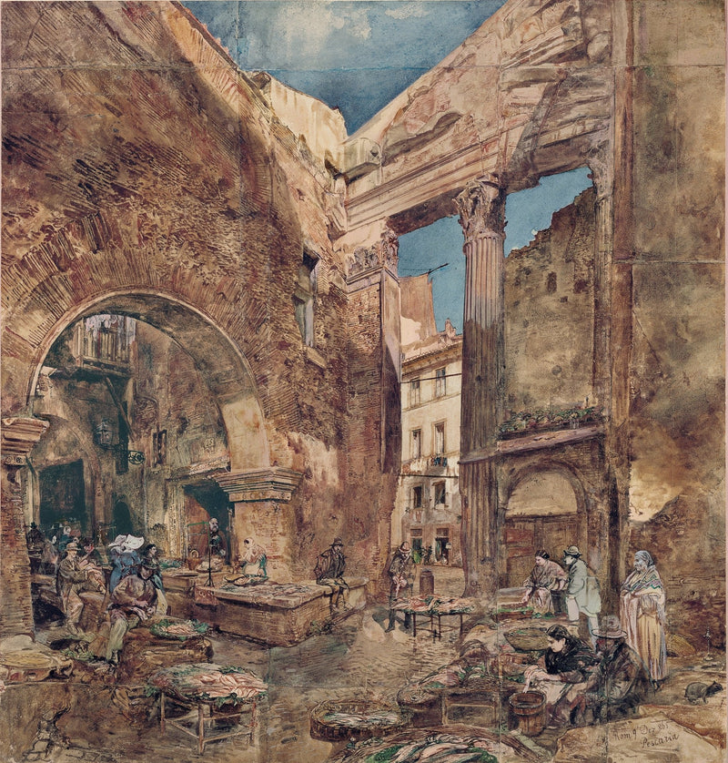 Hand painted oil on canvas landscape oil painting of historic Rome fish market with textured brushwork, ancient stone. - Add Frame, Canvas, Hand Painted, Landscape, Made To Order, Oil Painting