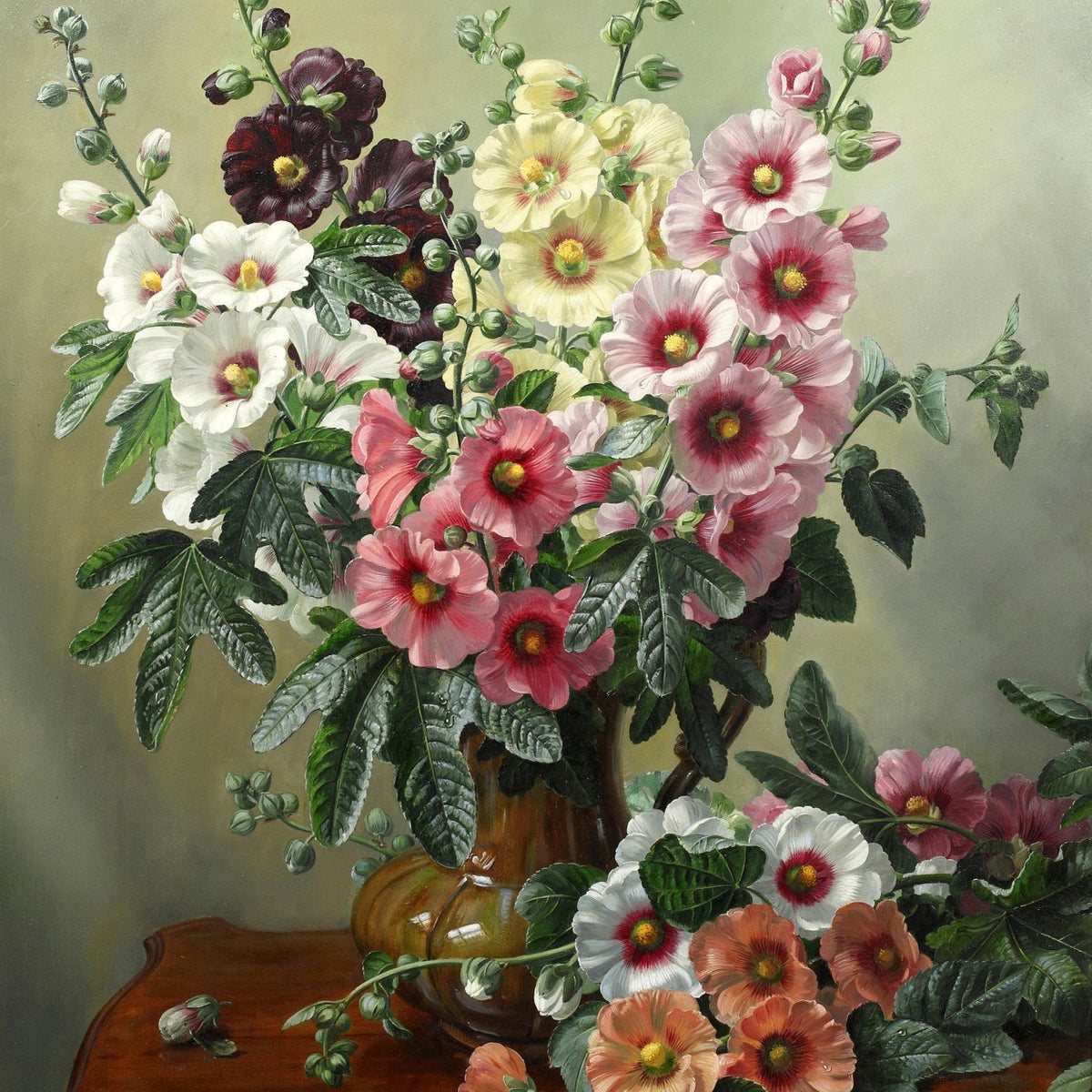 Hand - Painted Hollyhocks in Vase Still Life – Floral Oil Painting - Oil Painting Haven
