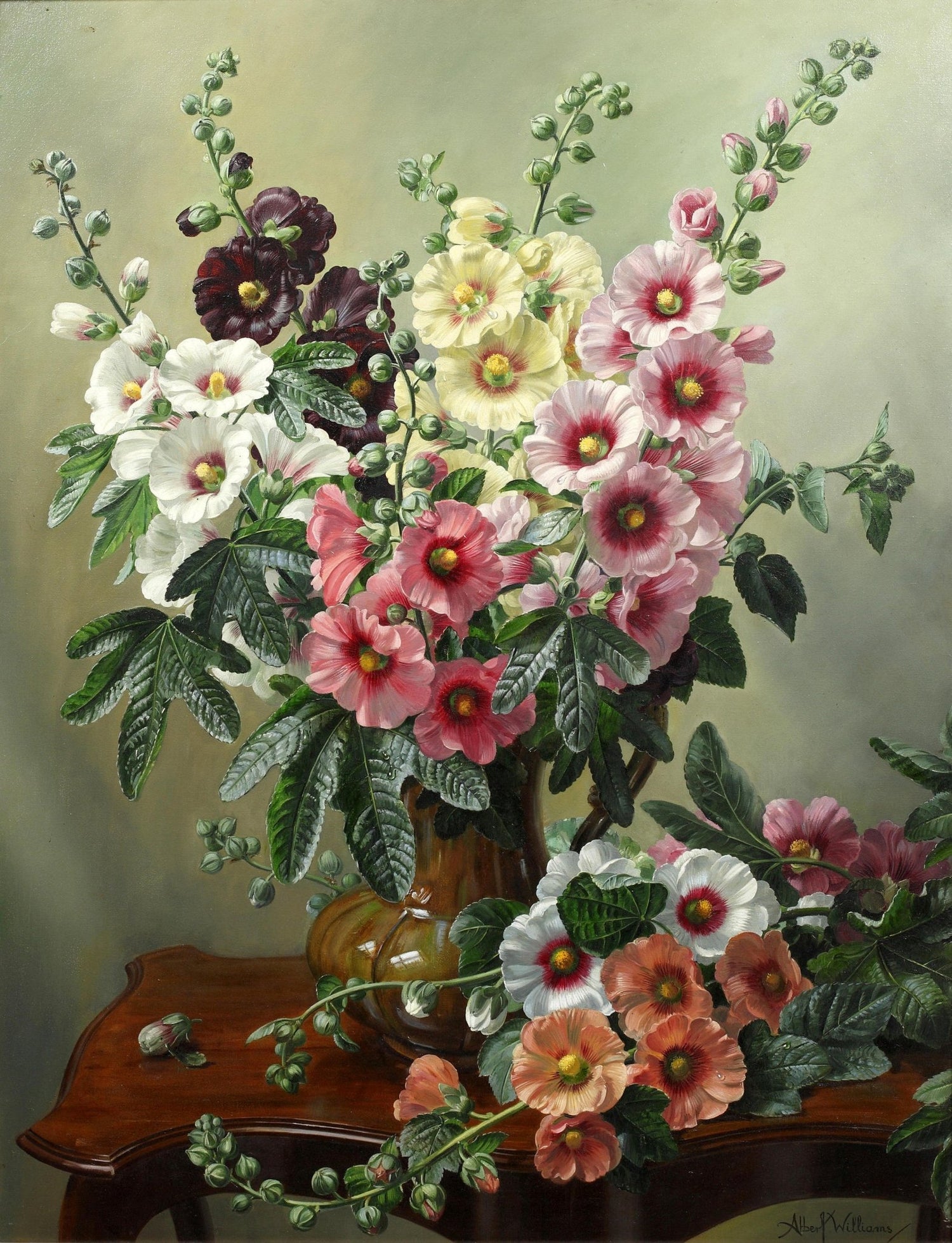 Hand - Painted Hollyhocks in Vase Still Life – Floral Oil Painting - Oil Painting Haven