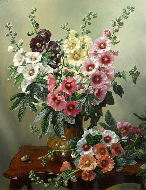 Hand - Painted Hollyhocks in Vase Still Life – Floral Oil Painting - Oil Painting Haven