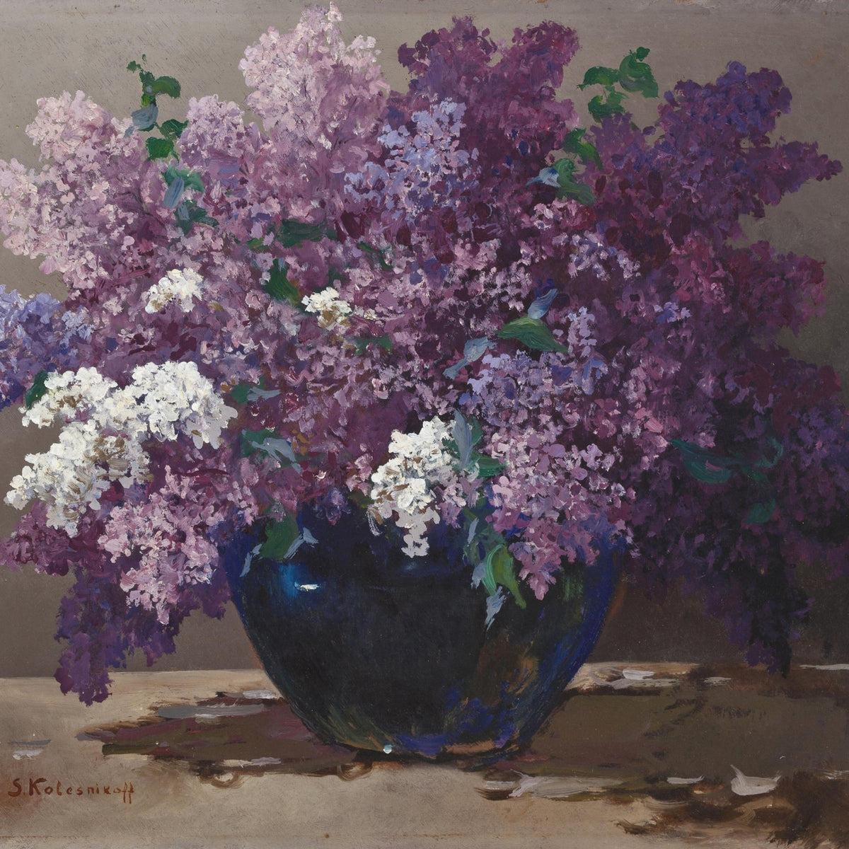 Hand - Painted Lilac Bouquet in Blue Vase – Floral Oil Painting - Oil Painting Haven