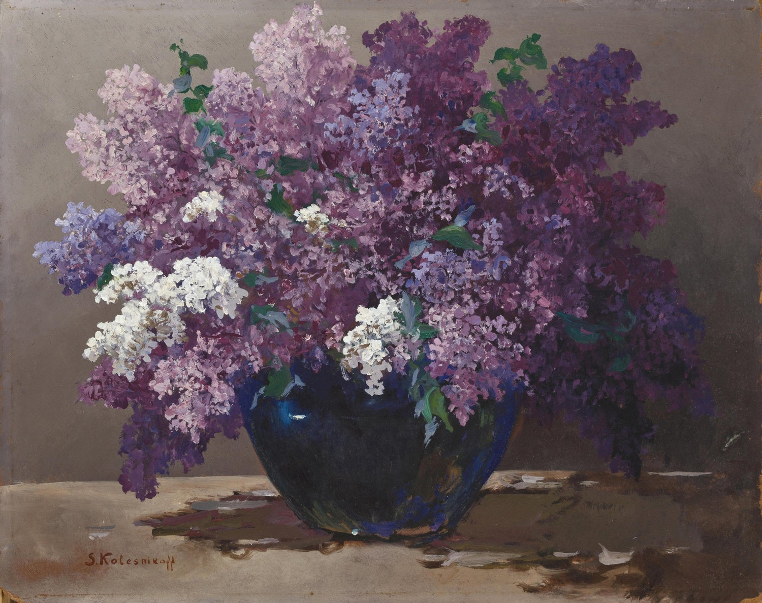 Hand - Painted Lilac Bouquet in Blue Vase – Floral Oil Painting - Oil Painting Haven