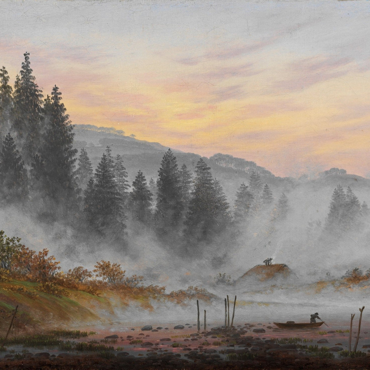 Hand-painted hand-painted misty pine river dawn view landscape oil painting on canvas