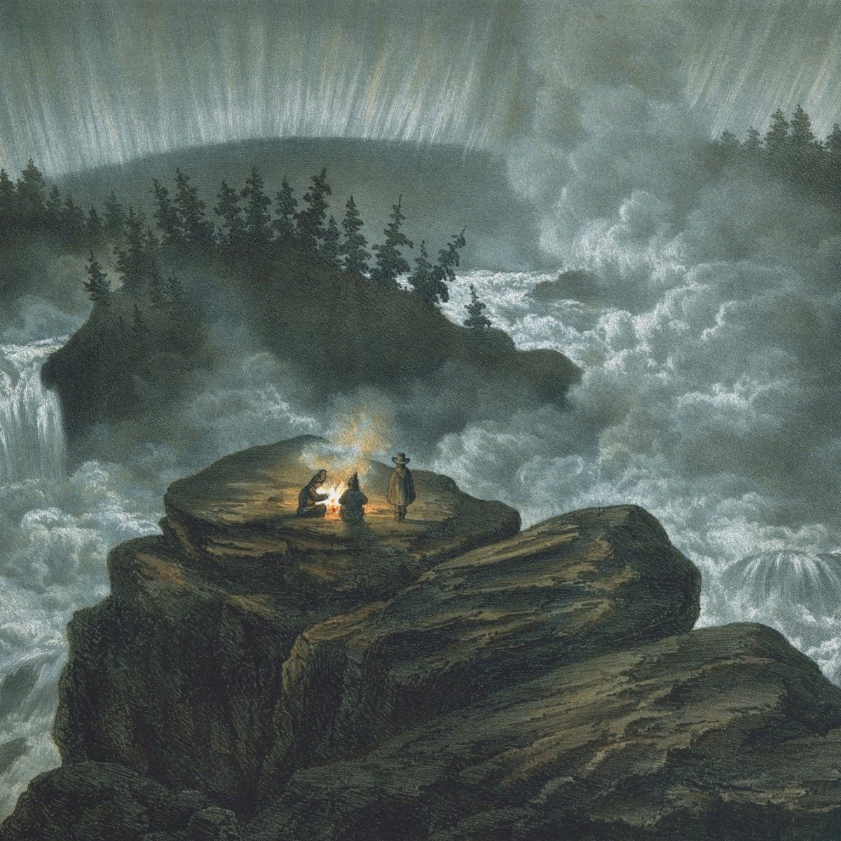 Hand-painted hand-painted moonlit rapids campfire landscape oil painting on canvas