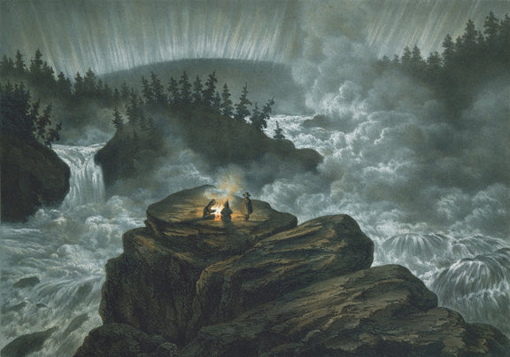 Hand-painted hand-painted moonlit rapids campfire landscape oil painting on canvas