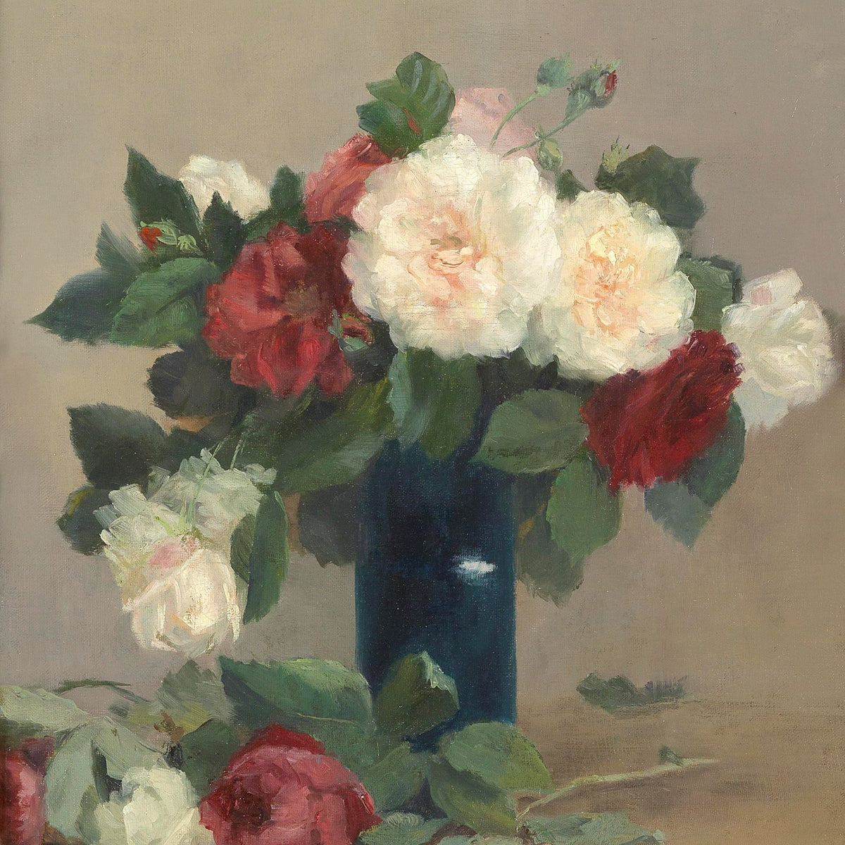Hand - Painted Red and White Roses in Blue Vase – Floral Oil Painting - Oil Painting Haven