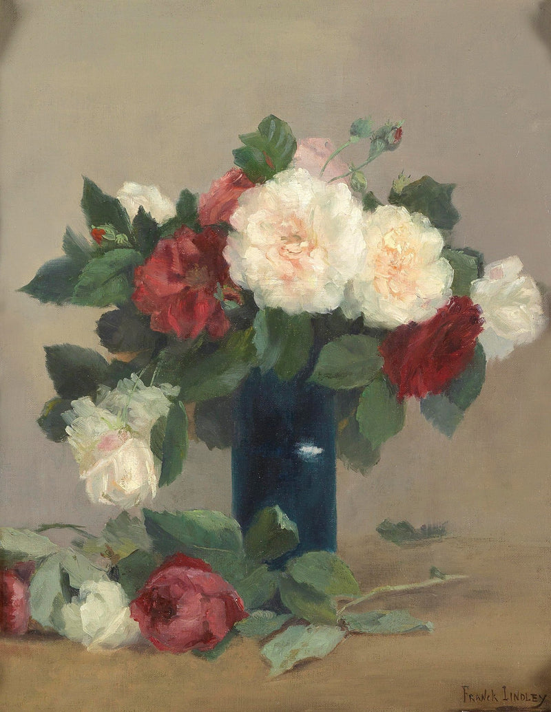 Hand - Painted Red and White Roses in Blue Vase – Floral Oil Painting - Oil Painting Haven