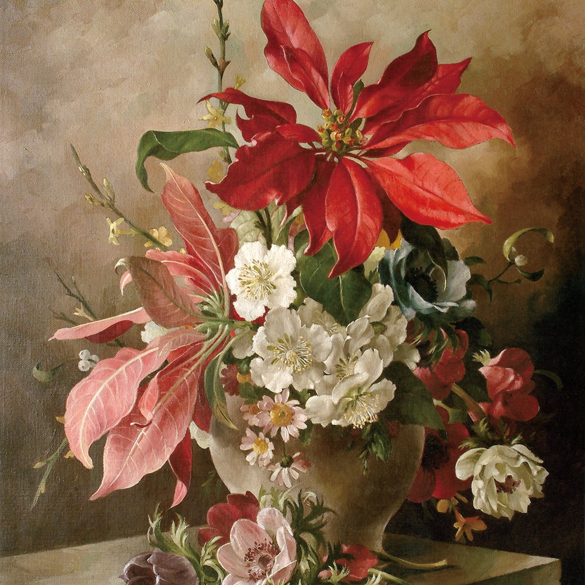 Hand - Painted Red Poinsettia and White Flowers – Floral Oil Painting - Oil Painting Haven
