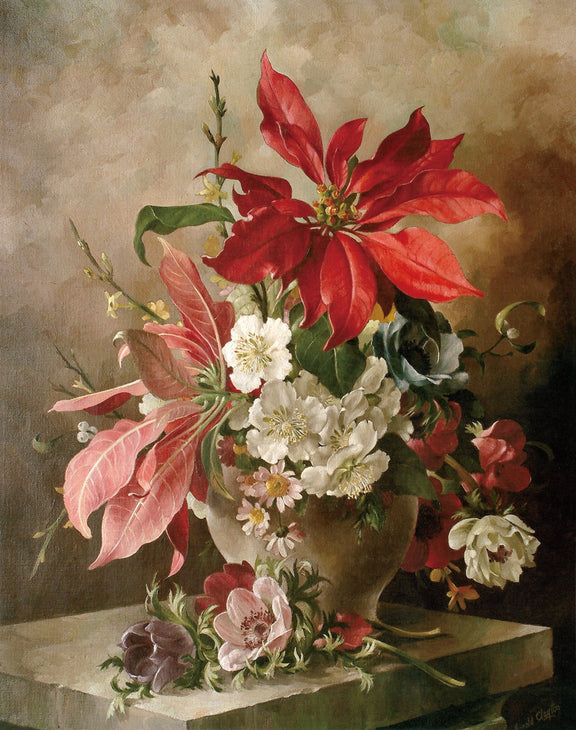 Hand - Painted Red Poinsettia and White Flowers – Floral Oil Painting - Oil Painting Haven