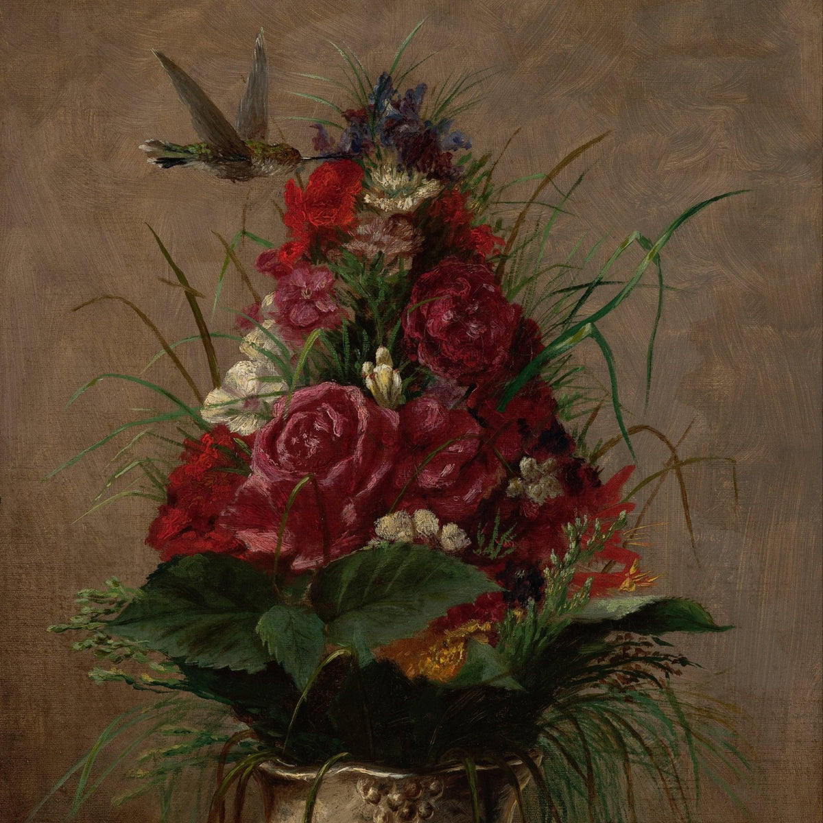 Hand - Painted Red Rose Bouquet with Hummingbird – Floral Oil Painting - Oil Painting Haven