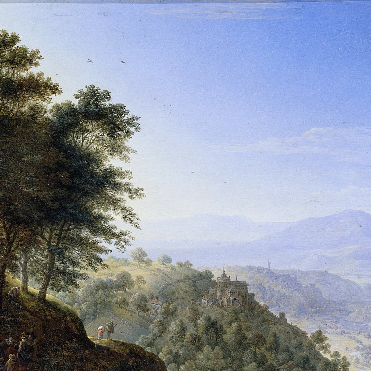 Landscape oil painting of Rhine Valley with castle on hill, textured brushwork, oil on canvas, hand painted details. - Add Frame, Architecture, Canvas, Castle, Hand Painted, Landscape, Made To Order, Mountain, Oil Painting