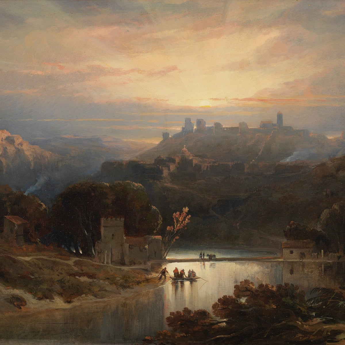 Hand - Painted Riverside Castle at Sunset - Landscape Oil Painting - Oil Painting Haven