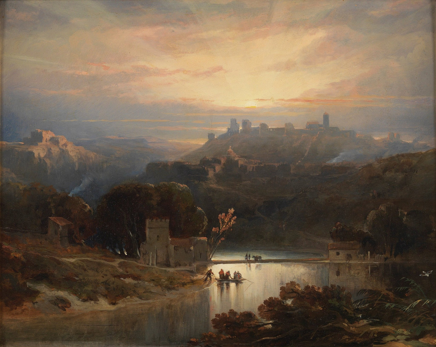 Hand - Painted Riverside Castle at Sunset - Landscape Oil Painting - Oil Painting Haven