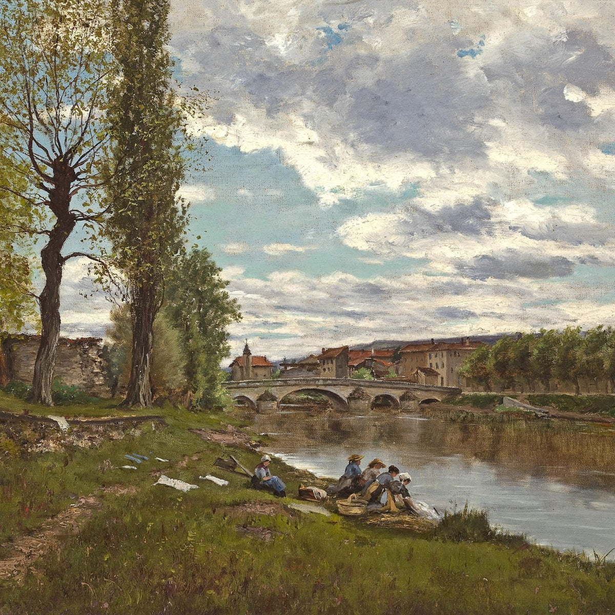 Hand-painted hand-painted riverside village bridge landscape oil painting on canvas