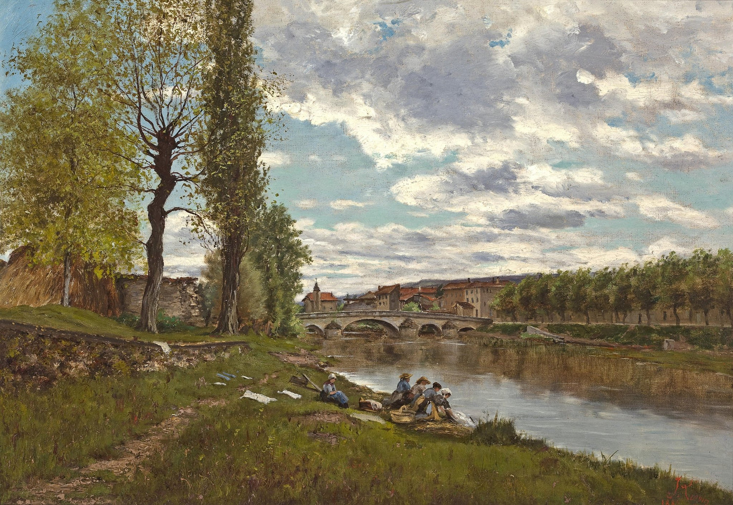 Hand-painted hand-painted riverside village bridge landscape oil painting on canvas