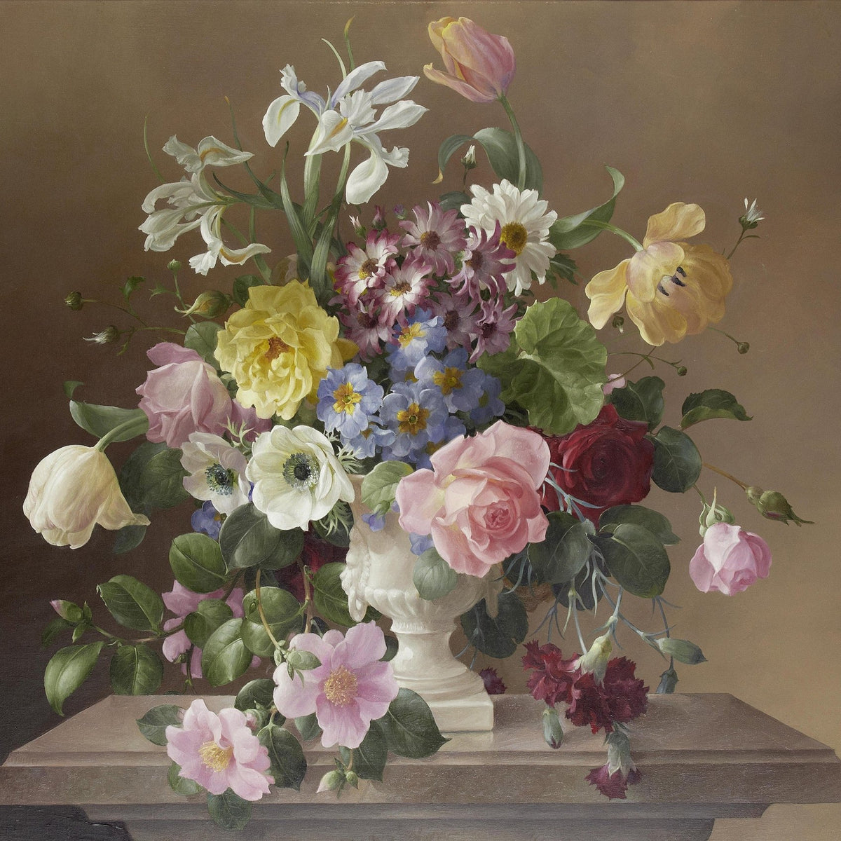 Hand - Painted Rose and Iris Bouquet in Marble Vase – Floral Oil Painting - Oil Painting Haven