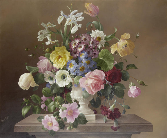 Hand - Painted Rose and Iris Bouquet in Marble Vase – Floral Oil Painting - Oil Painting Haven
