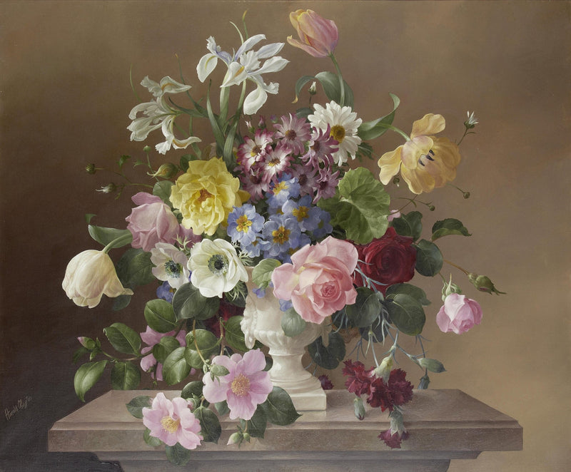 Hand - Painted Rose and Iris Bouquet in Marble Vase – Floral Oil Painting - Oil Painting Haven