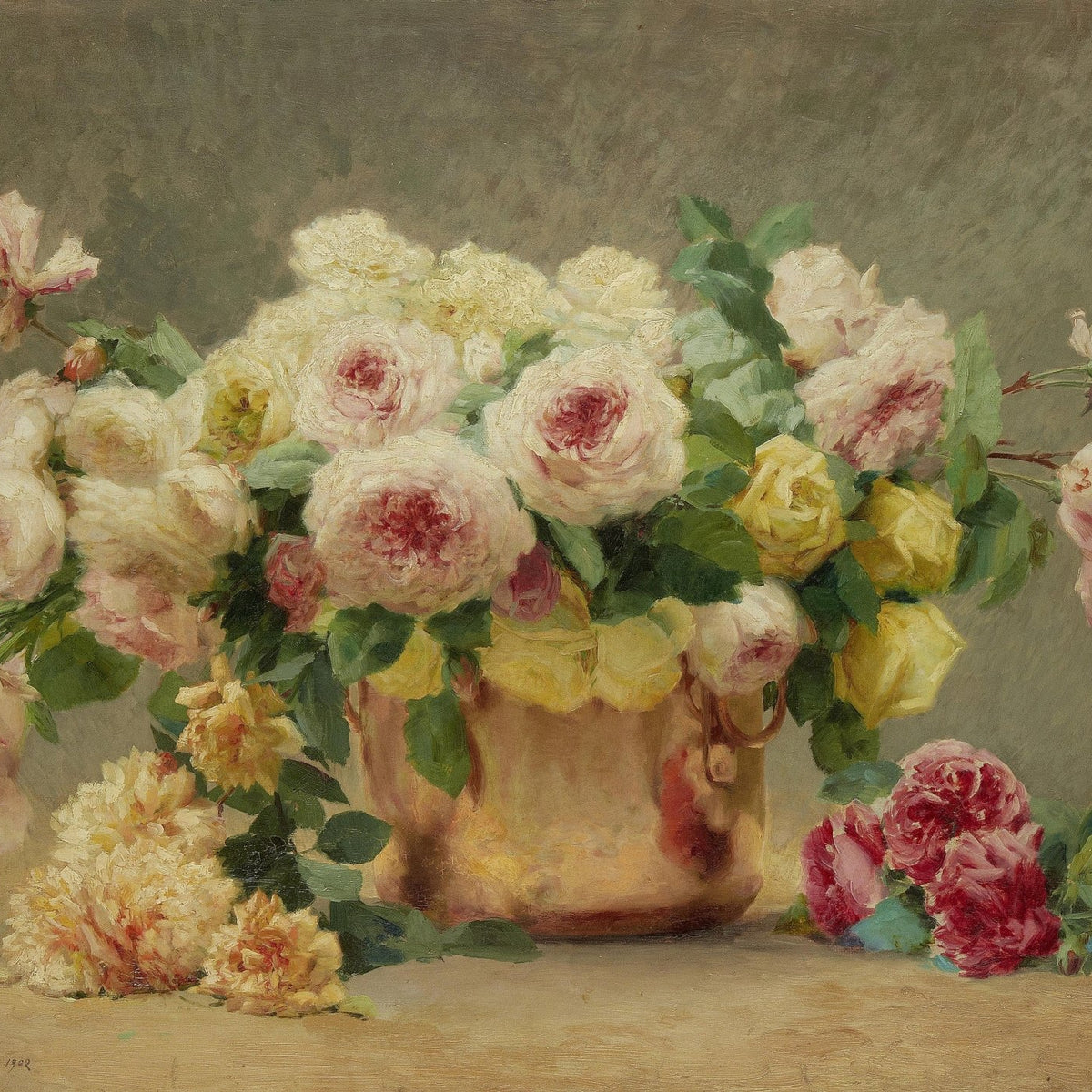Hand - Painted Rose Bouquet in Copper Vase – Floral Oil Painting - Oil Painting Haven